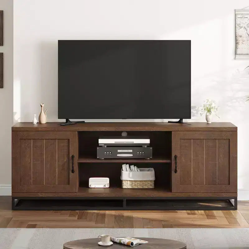 Meuble TV Moderne pour Téléviseurs Jusqu'à 75'', Meuble TV de 63'' en Bois avec Étagères Réglables et Pieds en Métal, Console TV pour Salon