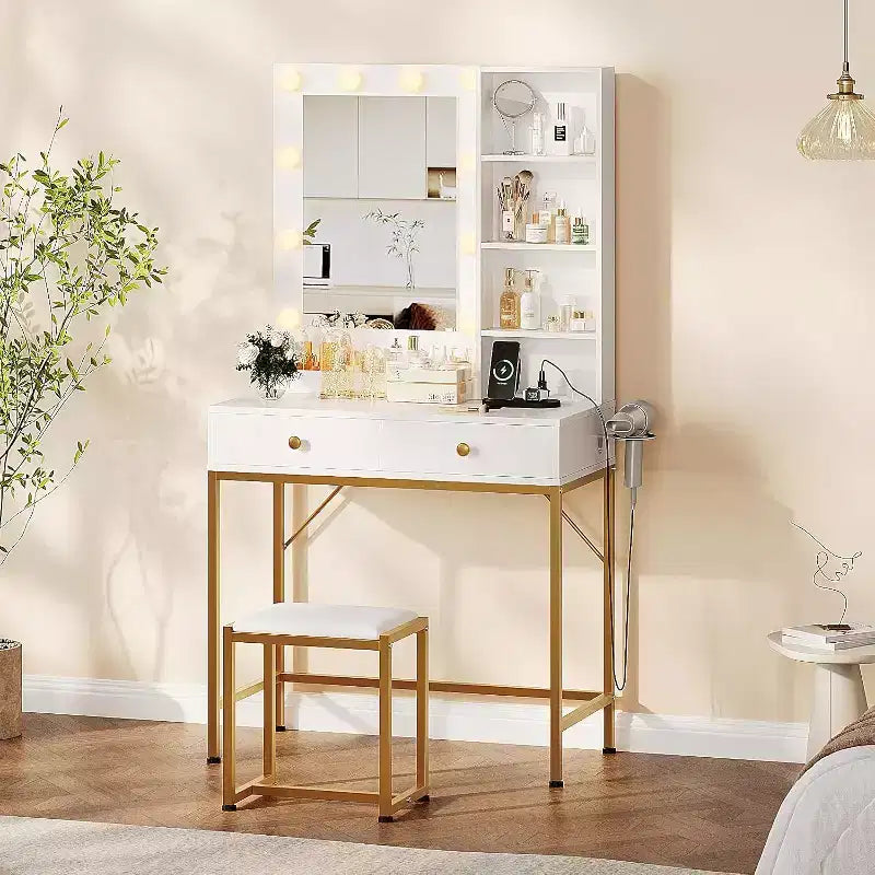Petite coiffeuse avec miroir et lumières - 2 tiroirs, tabouret, prise de courant et étagères ouvertes, coiffeuse compacte pour chambre à coucher