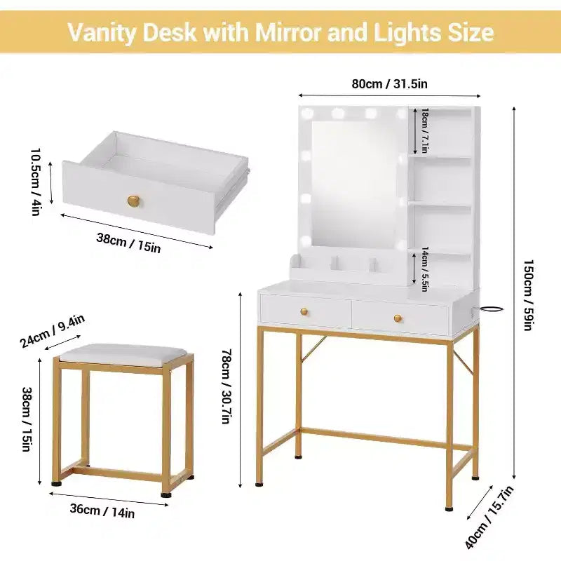 Petite coiffeuse avec miroir et lumières - 2 tiroirs, tabouret, prise de courant et étagères ouvertes, coiffeuse compacte pour chambre à coucher