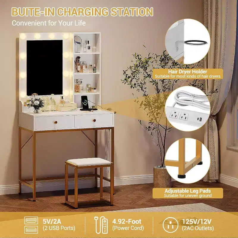 Petite coiffeuse avec miroir et lumières - 2 tiroirs, tabouret, prise de courant et étagères ouvertes, coiffeuse compacte pour chambre à coucher