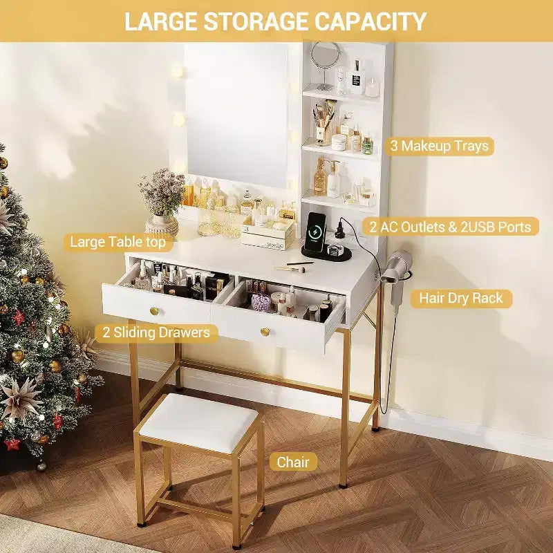 Petite coiffeuse avec miroir et lumières - 2 tiroirs, tabouret, prise de courant et étagères ouvertes, coiffeuse compacte pour chambre à coucher