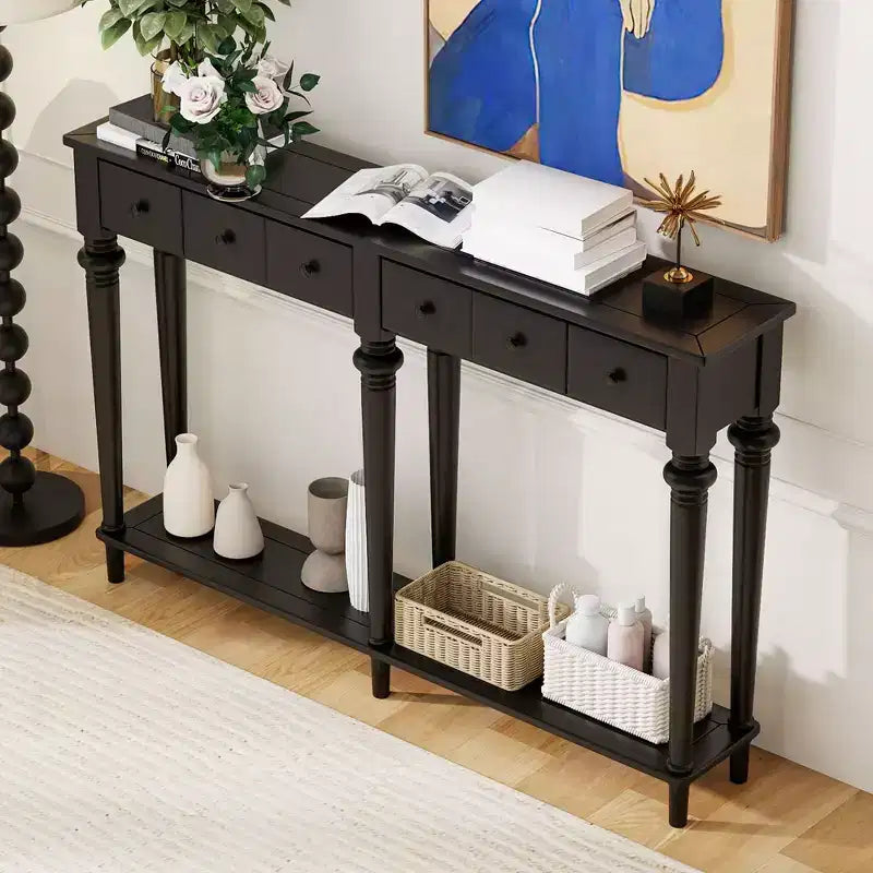 59.8IN Retro Entryway Table with 4 Drawers, Narrow Console Table with Open Shelves, Hallway Table for Living Room, Foyer, Black