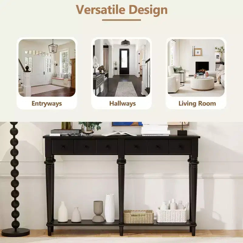 59.8IN Retro Entryway Table with 4 Drawers, Narrow Console Table with Open Shelves, Hallway Table for Living Room, Foyer, Black