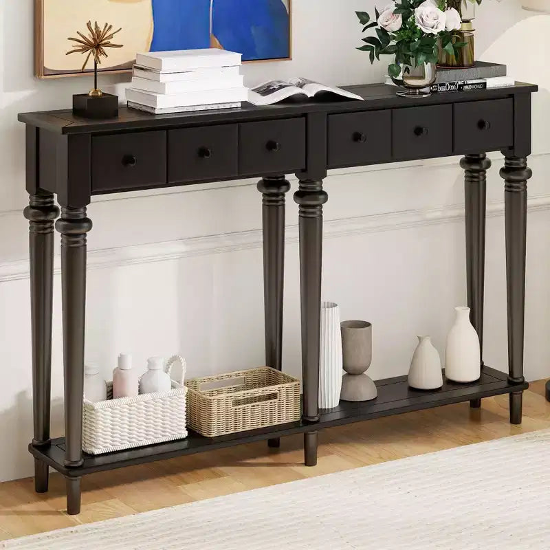 59.8IN Retro Entryway Table with 4 Drawers, Narrow Console Table with Open Shelves, Hallway Table for Living Room, Foyer, Black