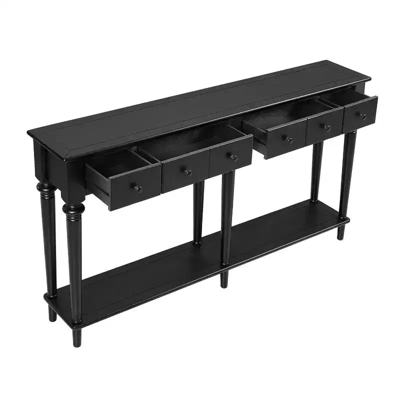 59.8IN Retro Entryway Table with 4 Drawers, Narrow Console Table with Open Shelves, Hallway Table for Living Room, Foyer, Black