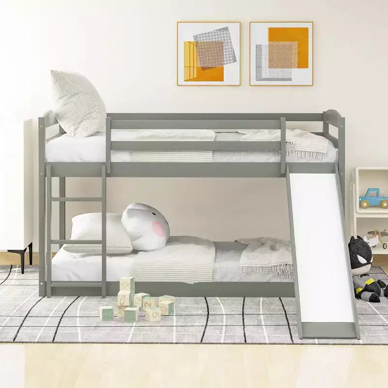 79.3IN Twin-Over-Twin Bunk Bed with Ladder, Kids Bunk Beds with Slide and Safety Guardrail, Bed Frames for Kids Room, Play Room, Gray