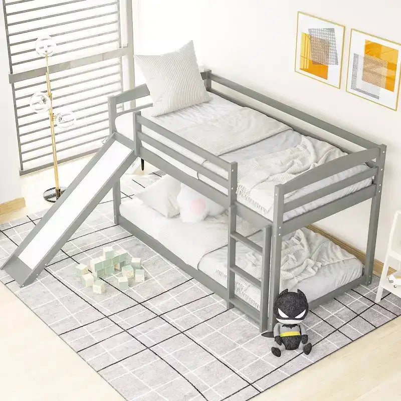 79.3IN Twin-Over-Twin Bunk Bed with Ladder, Kids Bunk Beds with Slide and Safety Guardrail, Bed Frames for Kids Room, Play Room, Gray