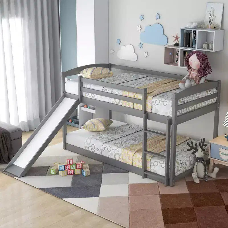 79.3IN Twin-Over-Twin Bunk Bed with Ladder, Kids Bunk Beds with Slide and Safety Guardrail, Bed Frames for Kids Room, Play Room, Gray