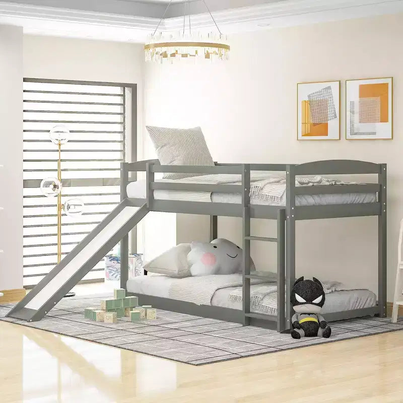79.3IN Twin-Over-Twin Bunk Bed with Ladder, Kids Bunk Beds with Slide and Safety Guardrail, Bed Frames for Kids Room, Play Room, Gray