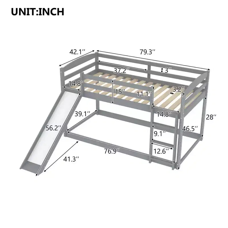79.3IN Twin-Over-Twin Bunk Bed with Ladder, Kids Bunk Beds with Slide and Safety Guardrail, Bed Frames for Kids Room, Play Room, Gray