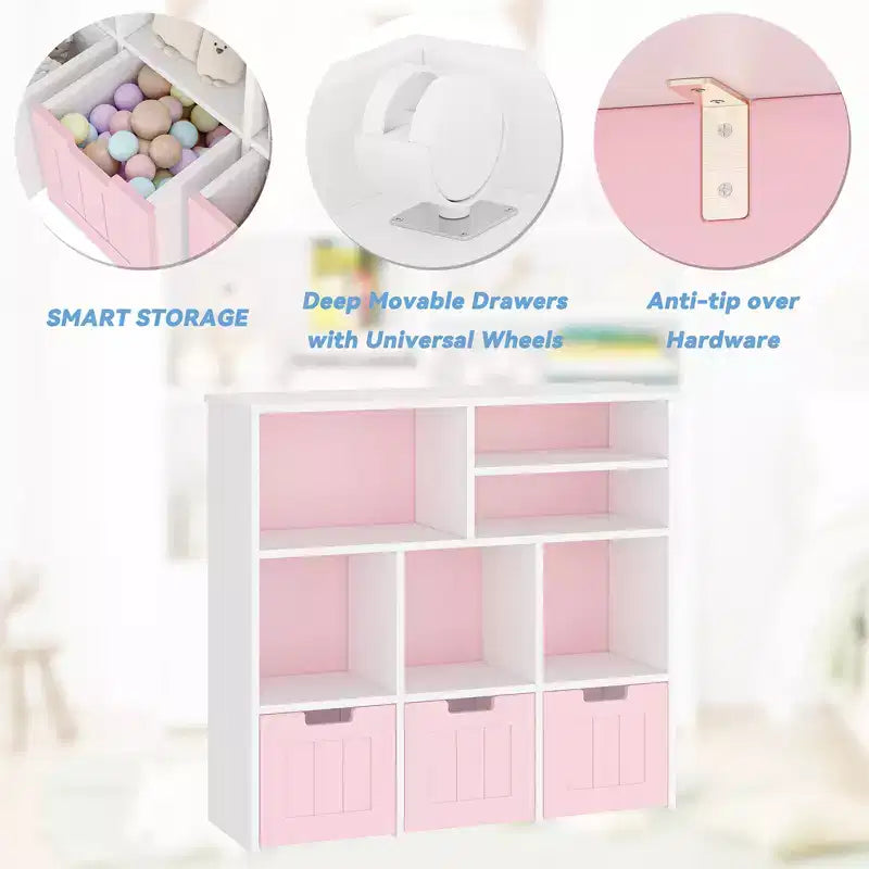 Étagère à livres pour enfants avec 3 tiroirs amovibles et 6 armoires de rangement, bibliothèque pour tout-petits et rangement de jouets pour chambre à coucher, salle de jeux, chambre d'enfant.