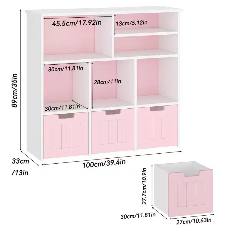 Étagère à livres pour enfants avec 3 tiroirs amovibles et 6 armoires de rangement, bibliothèque pour tout-petits et rangement de jouets pour chambre à coucher, salle de jeux, chambre d'enfant.