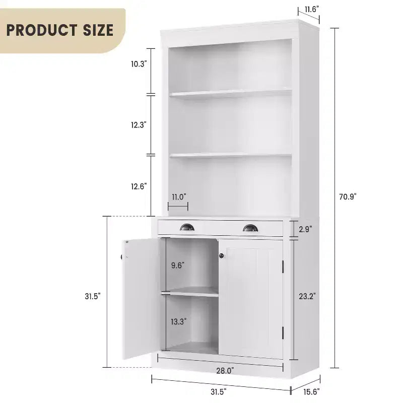 Bibliothèque avec portes, étagère de rangement 5 niveaux du sol au plafond avec 1 tiroir, bibliothèque blanche de 180 cm de haut pour bureau à domicile, salon