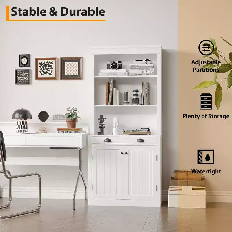 Bibliothèque avec portes, étagère de rangement 5 niveaux du sol au plafond avec 1 tiroir, bibliothèque blanche de 180 cm de haut pour bureau à domicile, salon