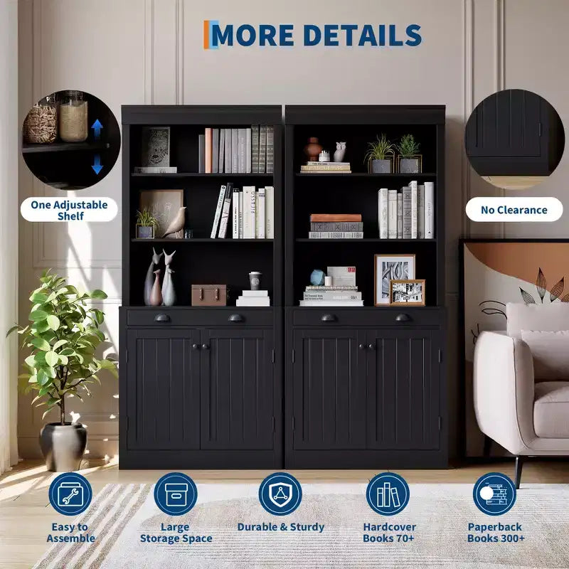 Bookcase with Doors, 5-Tier Floor-to-ceiling Bookshelf Storage Rack with 1 Drawer, 70.9 Inch High White Bookcase for Home Office, Living Room