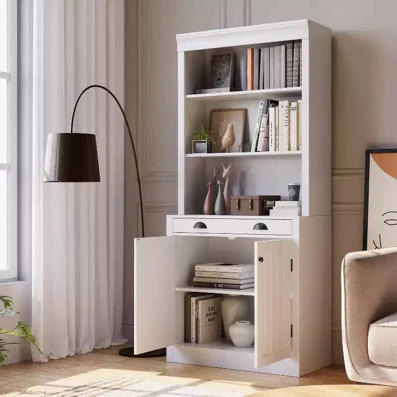 Bookcase with Doors, 5-Tier Floor-to-ceiling Bookshelf Storage Rack with 1 Drawer, 70.9 Inch High White Bookcase for Home Office, Living Room