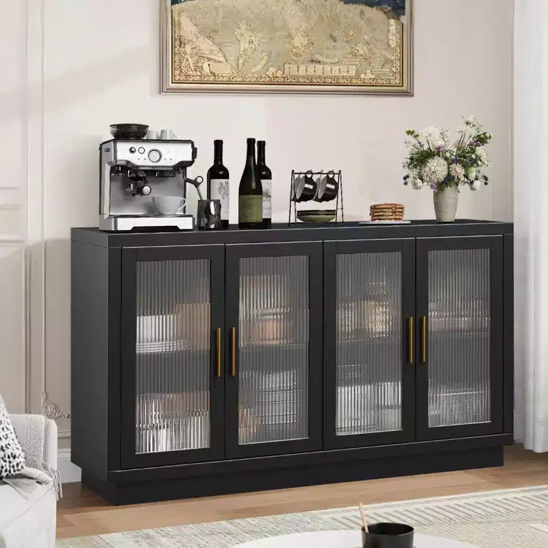 Bahut/buffet noir avec 4 portes vitrées et étagères réglables, rangement moderne pour salle à manger