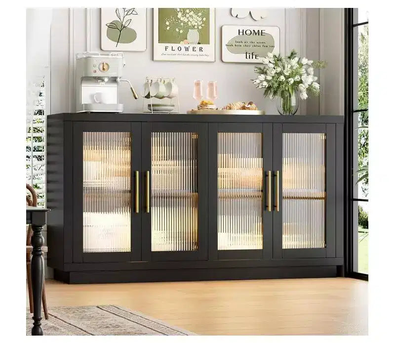 Bahut/buffet noir avec 4 portes vitrées et étagères réglables, rangement moderne pour salle à manger
