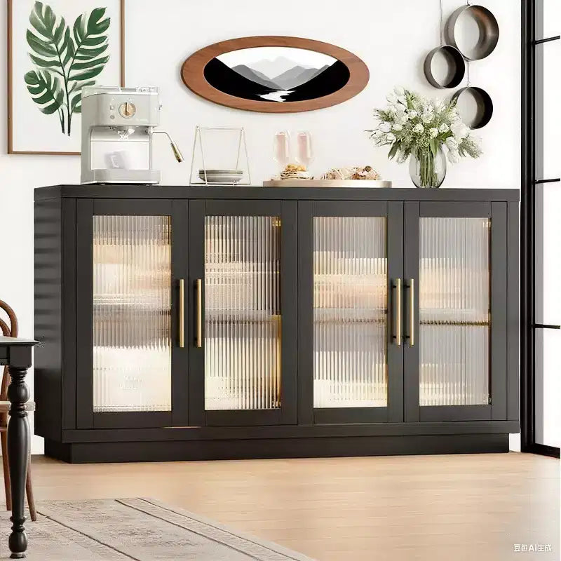 Bahut/buffet noir avec 4 portes vitrées et étagères réglables, rangement moderne pour salle à manger