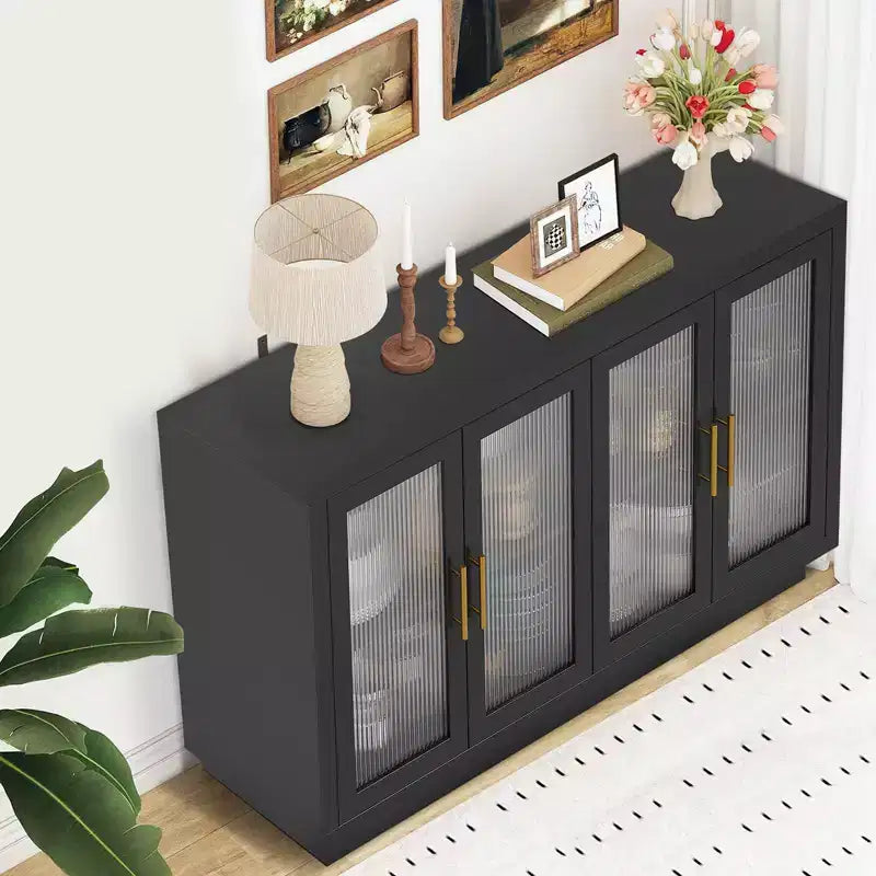 Bahut/buffet noir avec 4 portes vitrées et étagères réglables, rangement moderne pour salle à manger