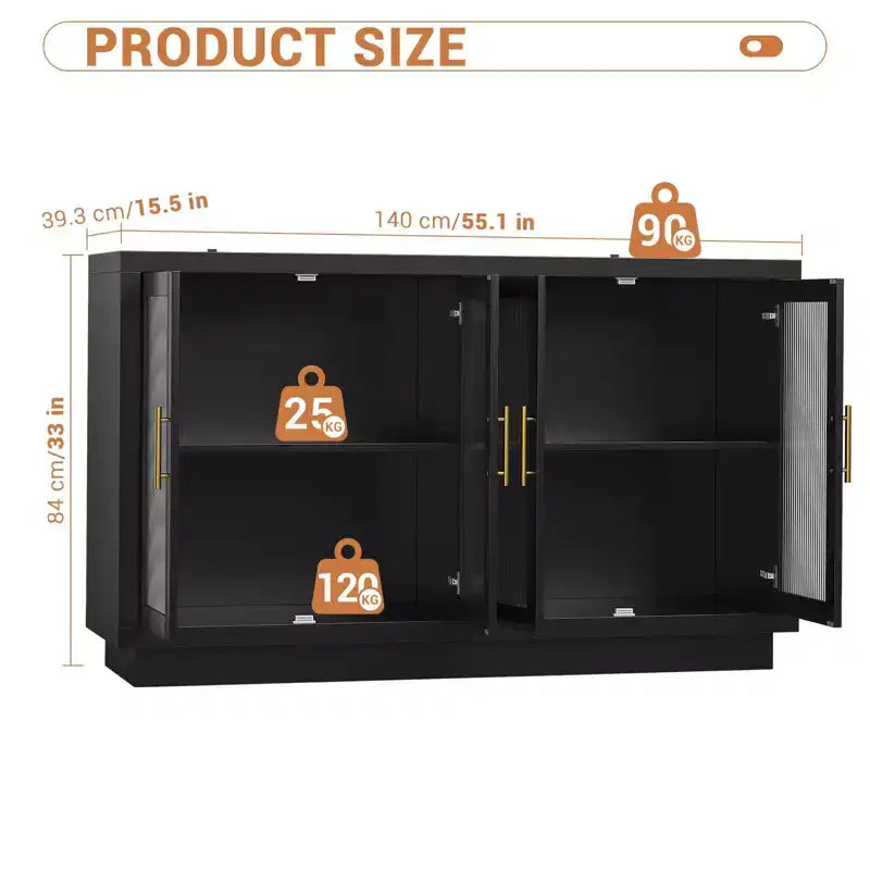 Bahut/buffet noir avec 4 portes vitrées et étagères réglables, rangement moderne pour salle à manger