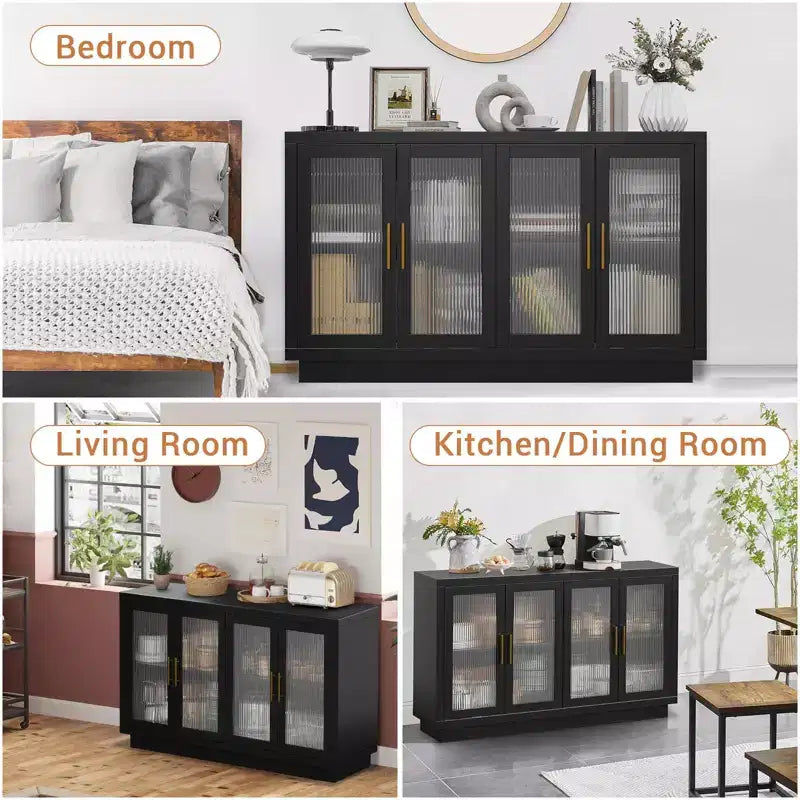 Bahut/buffet noir avec 4 portes vitrées et étagères réglables, rangement moderne pour salle à manger