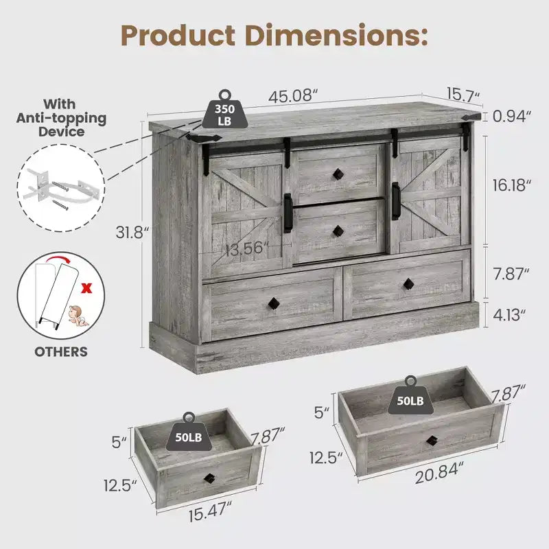 Commode à 4 tiroirs de style campagnard avec portes coulissantes, meuble TV 45 po et coffre de rangement