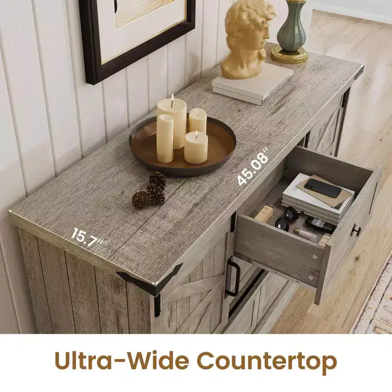 Commode à 4 tiroirs de style campagnard avec portes coulissantes, meuble TV 45 po et coffre de rangement