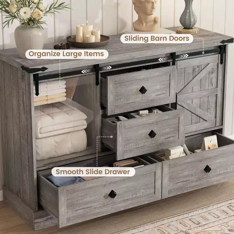 Commode à 4 tiroirs de style campagnard avec portes coulissantes, meuble TV 45 po et coffre de rangement