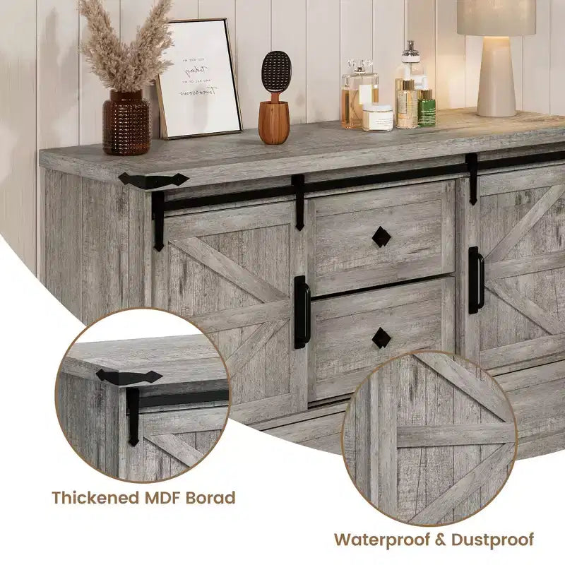 Commode à 4 tiroirs de style campagnard avec portes coulissantes, meuble TV 45 po et coffre de rangement