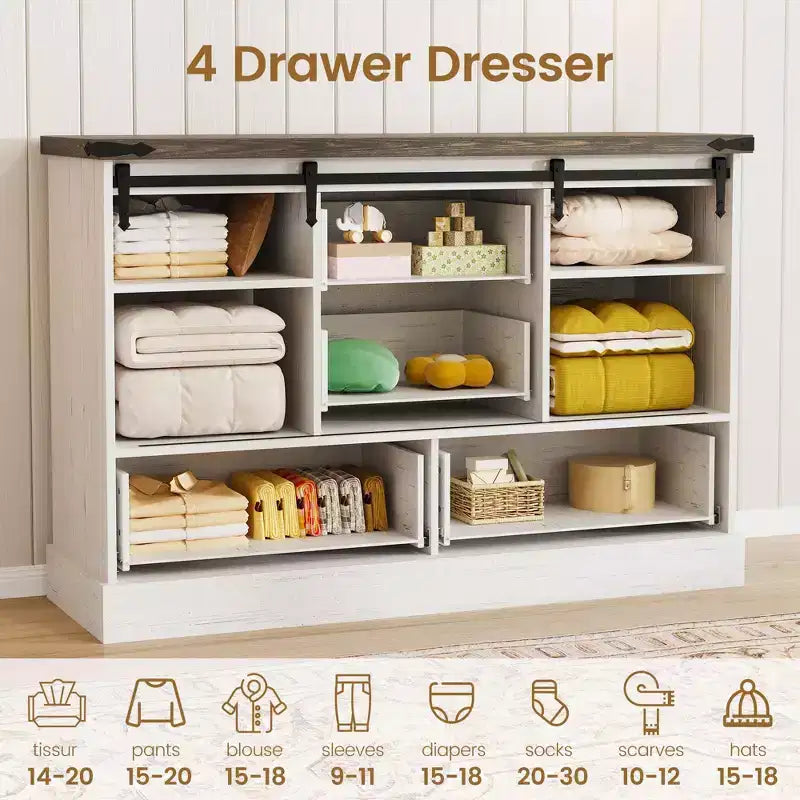 Commode à 4 tiroirs de style campagnard avec portes coulissantes, meuble TV 45 po et coffre de rangement
