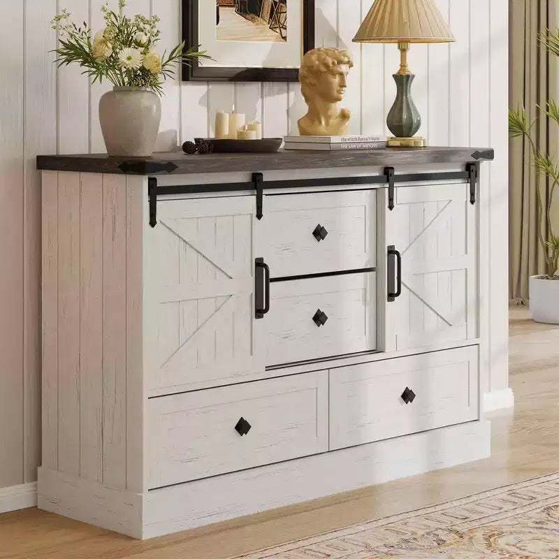 Commode à 4 tiroirs de style campagnard avec portes coulissantes, meuble TV 45 po et coffre de rangement
