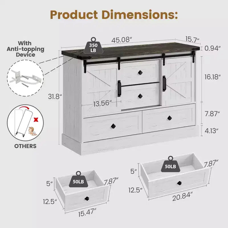 Commode à 4 tiroirs de style campagnard avec portes coulissantes, meuble TV 45 po et coffre de rangement