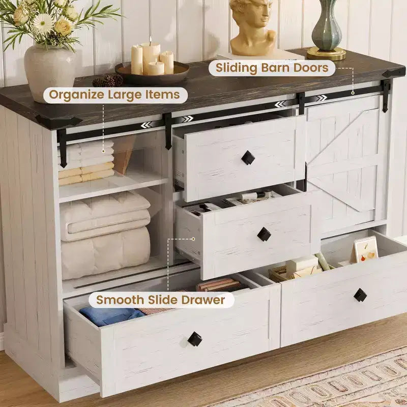 Commode à 4 tiroirs de style campagnard avec portes coulissantes, meuble TV 45 po et coffre de rangement