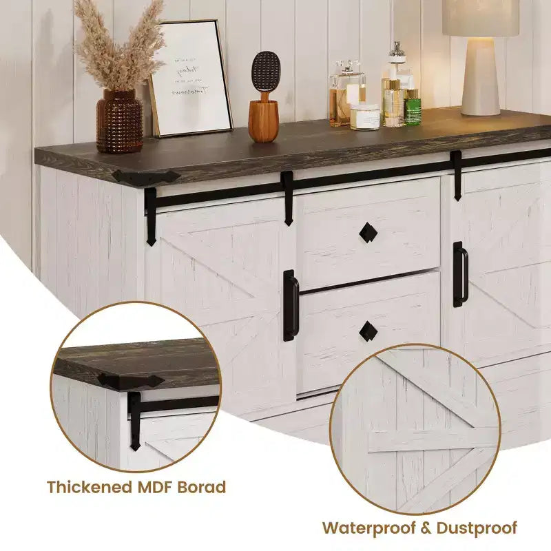 Commode à 4 tiroirs de style campagnard avec portes coulissantes, meuble TV 45 po et coffre de rangement