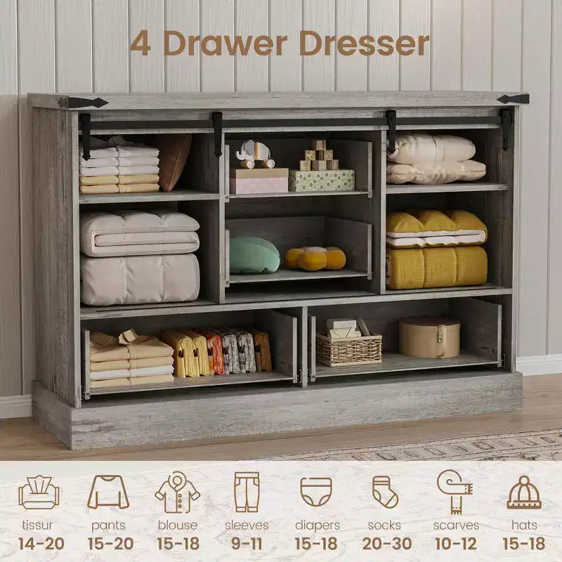 Commode à 4 tiroirs de style campagnard avec portes coulissantes, meuble TV 45 po et coffre de rangement