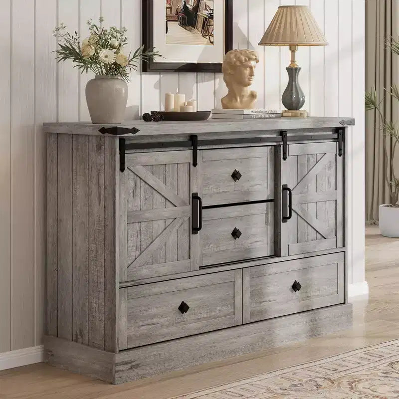 Commode à 4 tiroirs de style campagnard avec portes coulissantes, meuble TV 45 po et coffre de rangement