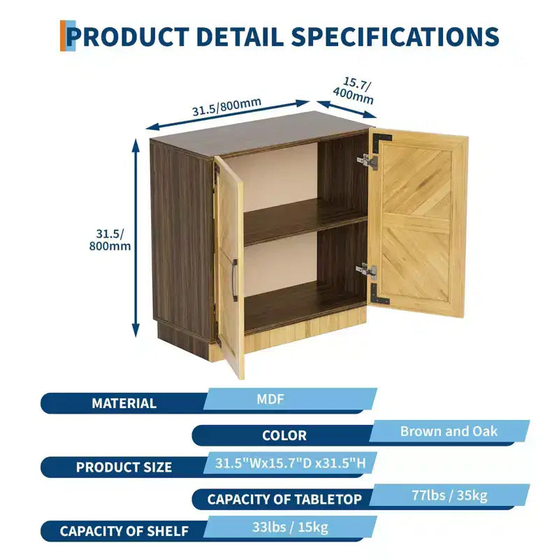 Sideboard Buffet Cabinet, 31.5in Small Farmhouse Kitchen Cupboard Coffee Bar Storage Cabinet with Adjustable Shelves for Living Room Entryway