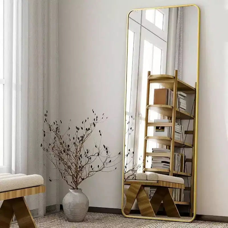 Miroir pleine longueur de 56 po x 21 po avec cadre en aluminium doré à coins arrondis pour salon, chambre à coucher, vestiaire, miroir mural sur pied
