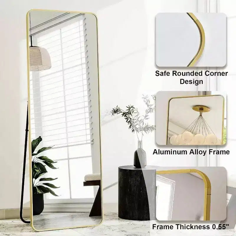 Miroir pleine longueur de 56 po x 21 po avec cadre en aluminium doré à coins arrondis pour salon, chambre à coucher, vestiaire, miroir mural sur pied