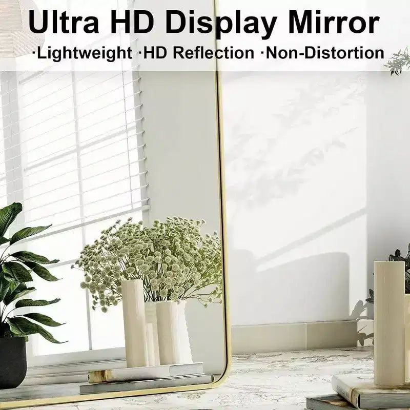 Miroir pleine longueur de 56 po x 21 po avec cadre en aluminium doré à coins arrondis pour salon, chambre à coucher, vestiaire, miroir mural sur pied