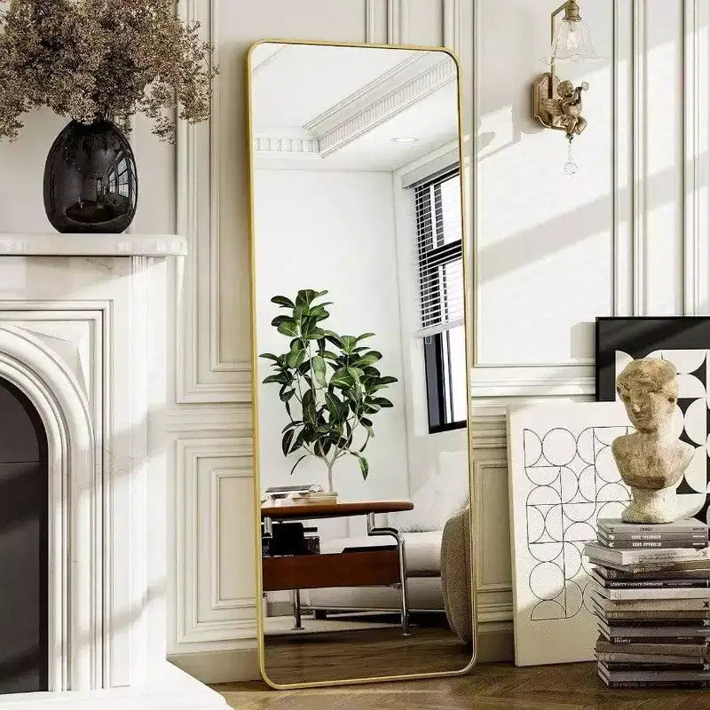 Miroir pleine longueur de 56 po x 21 po avec cadre en aluminium doré à coins arrondis pour salon, chambre à coucher, vestiaire, miroir mural sur pied