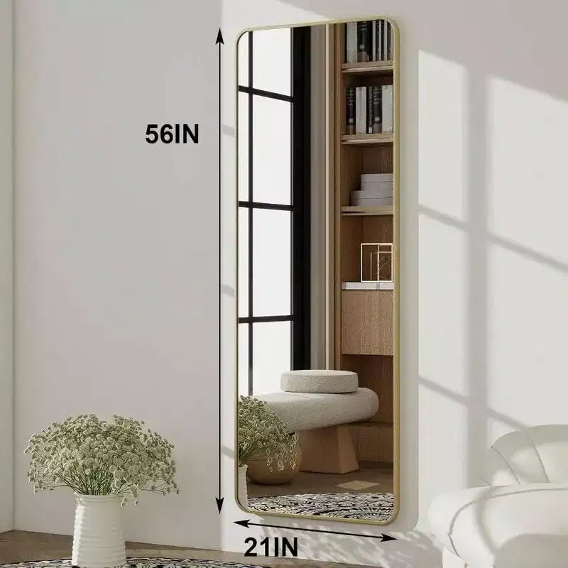 Miroir pleine longueur de 56 po x 21 po avec cadre en aluminium doré à coins arrondis pour salon, chambre à coucher, vestiaire, miroir mural sur pied