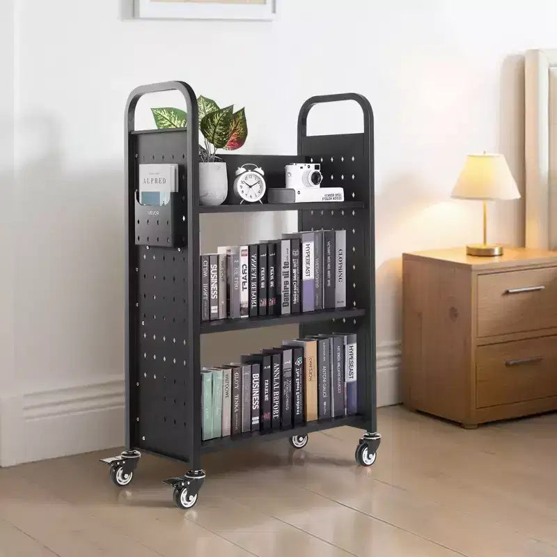 Rolling Library Book Cart, 330 lbs Capacity, 30.3x15x48" L-Shaped Shelves with Lockable Wheels, Black