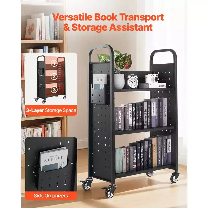 Rolling Library Book Cart, 330 lbs Capacity, 30.3x15x48" L-Shaped Shelves with Lockable Wheels, Black