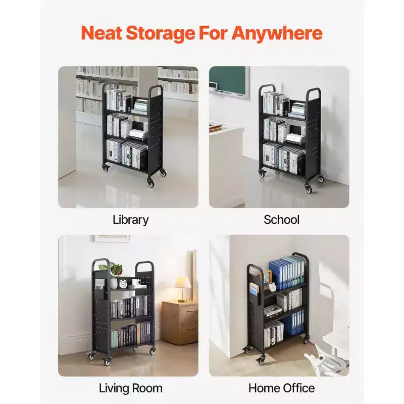 Rolling Library Book Cart, 330 lbs Capacity, 30.3x15x48" L-Shaped Shelves with Lockable Wheels, Black