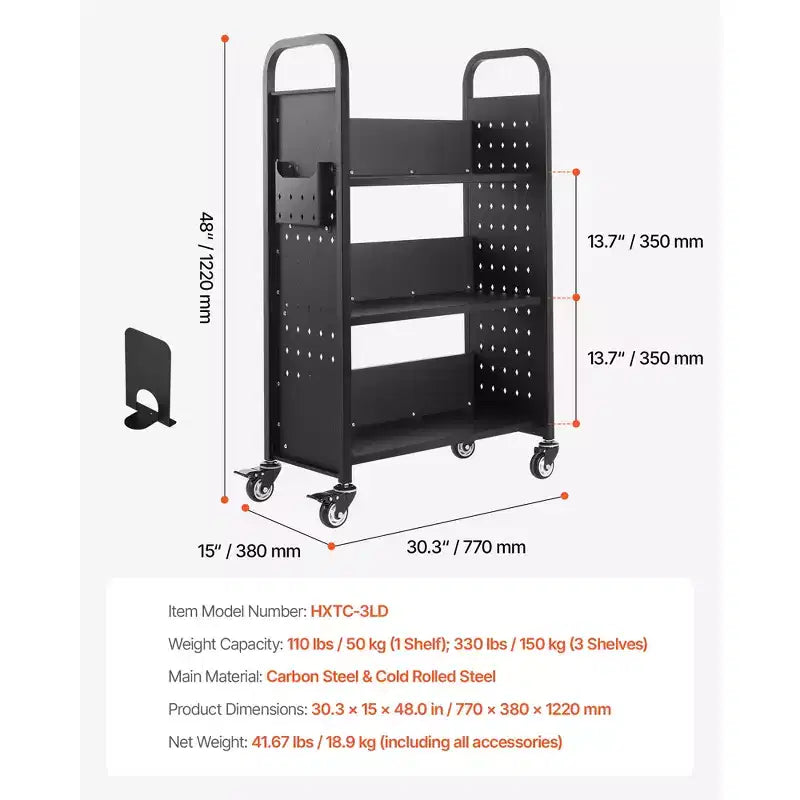 Rolling Library Book Cart, 330 lbs Capacity, 30.3x15x48" L-Shaped Shelves with Lockable Wheels, Black
