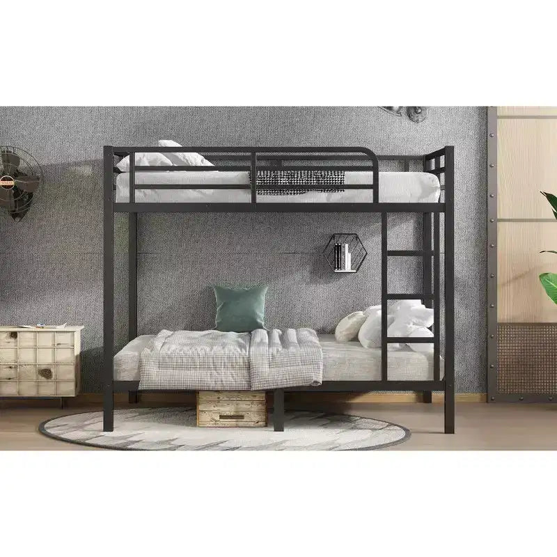 Lit superposé métallique double sur double pour adolescents et adultes, cadre robuste et silencieux, gain de place avec rangement sous le lit, noir et blanc