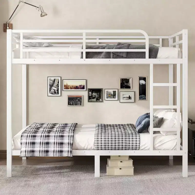Lit superposé métallique double sur double pour adolescents et adultes, cadre robuste et silencieux, gain de place avec rangement sous le lit, noir et blanc