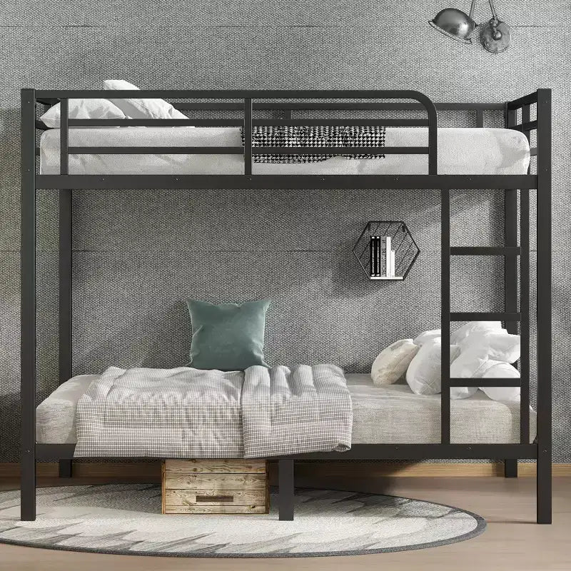 Lit superposé métallique double sur double pour adolescents et adultes, cadre robuste et silencieux, gain de place avec rangement sous le lit, noir et blanc